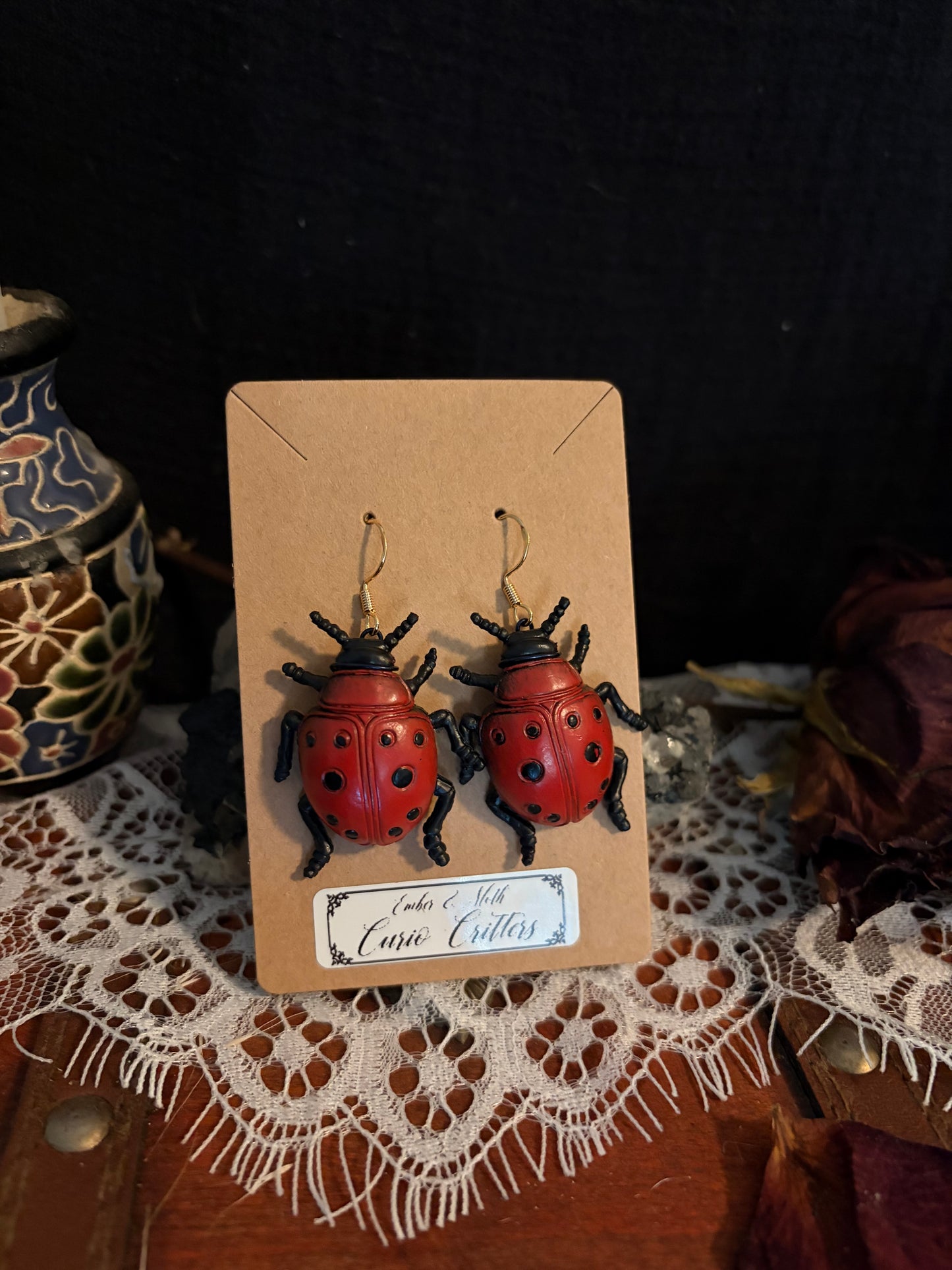 Curio Critter dangles in Lady Beetle Ethereal earrings