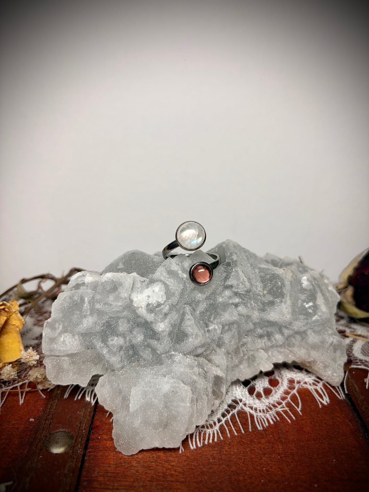 Rainbow Moonstone & Real Moth Wing ring ethereal EMR