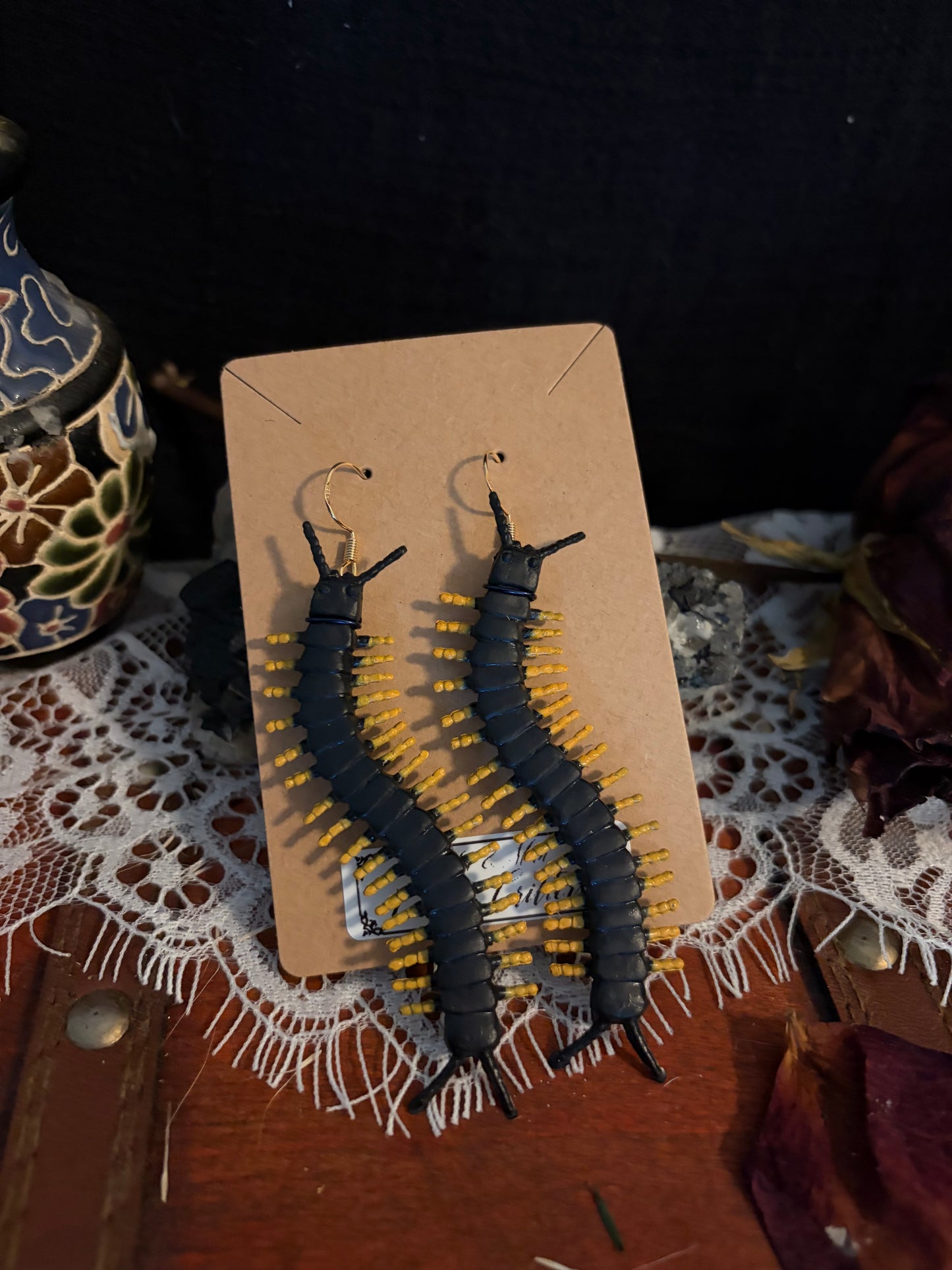 Curio Critter dangles in Centipede Ethereal earrings