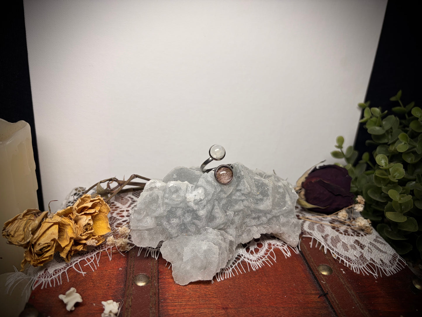 Rainbow Moonstone & Real Moth Wing ring ethereal EMR