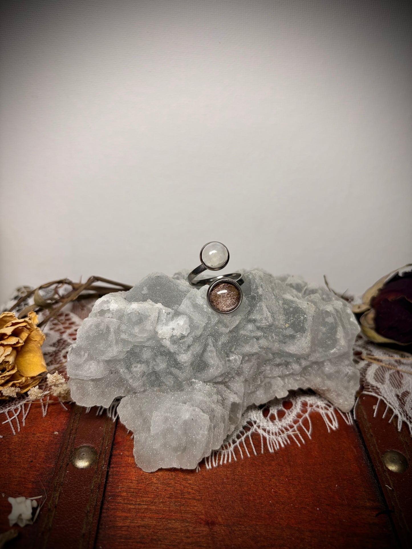 Rainbow Moonstone & Real Moth Wing ring ethereal EMR