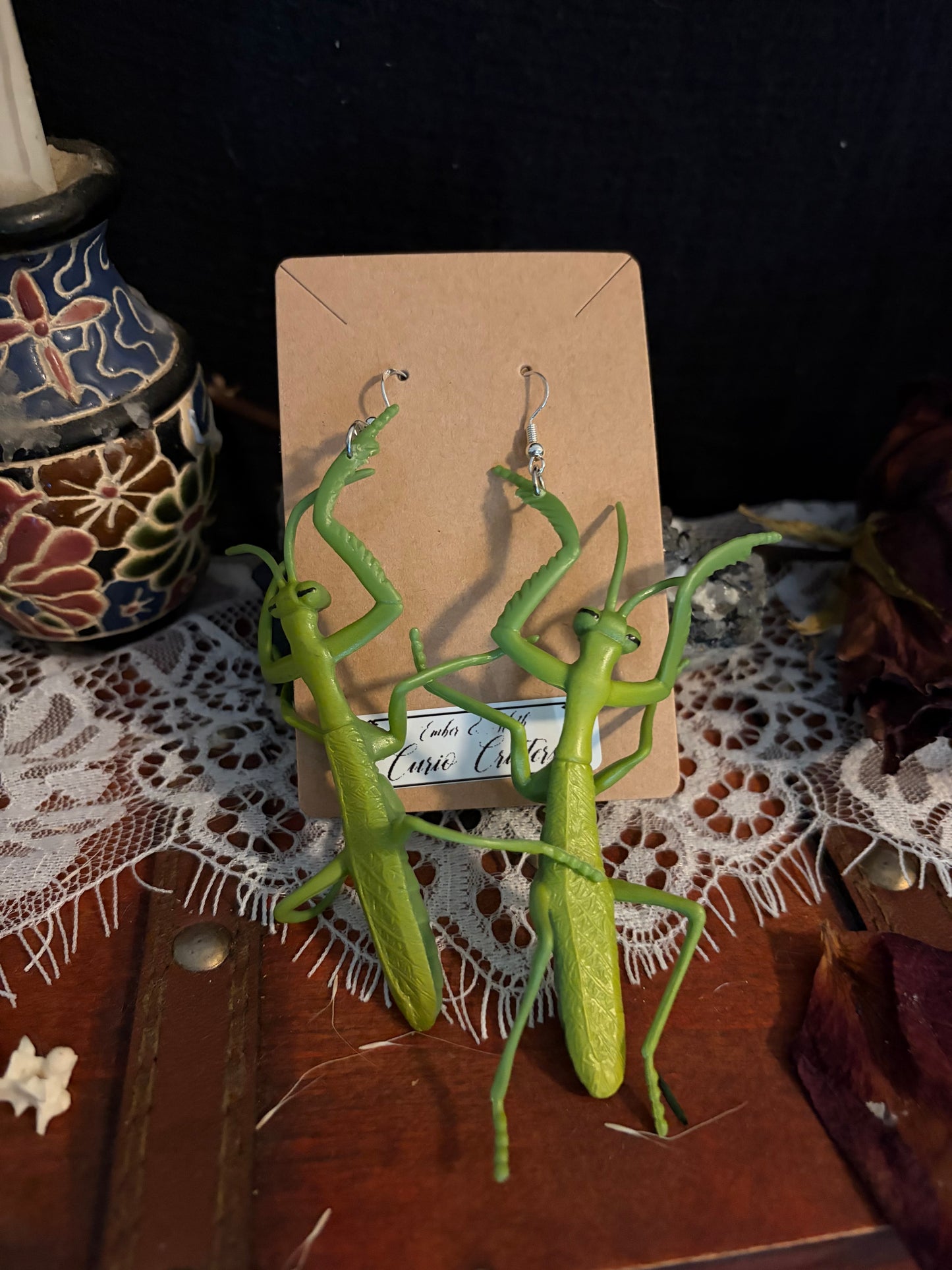 Curio Critter dangles in Praying Mantis Ethereal earrings