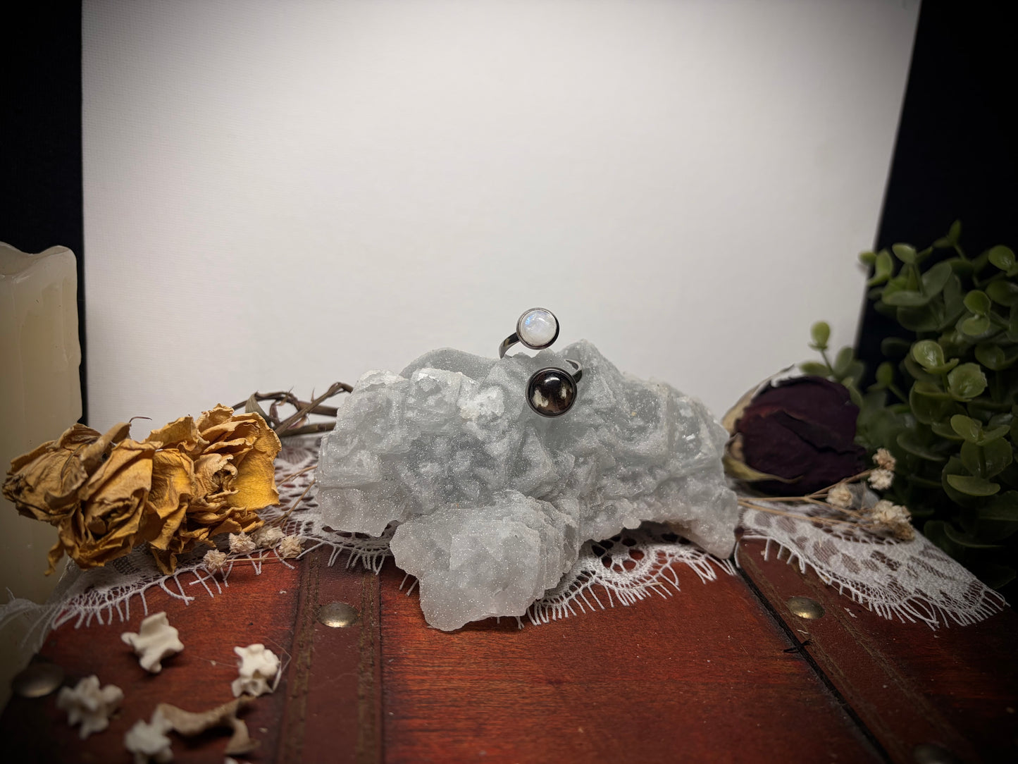 Rainbow Moonstone & Real Butterfly Wing ring ethereal EMR